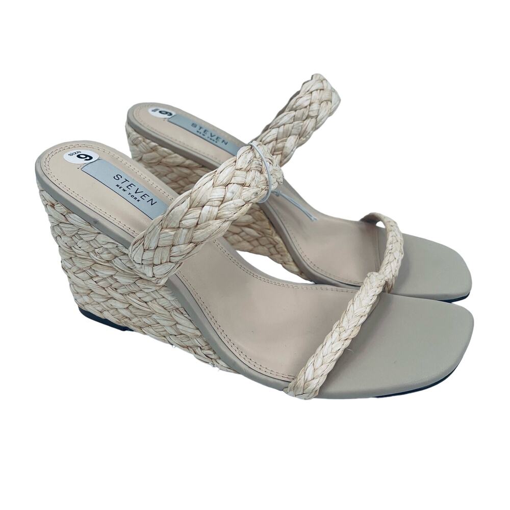 STEVEN NEW YORK Wedge Sandals Heels Size 9 Ardy Raffia Woven Espadrille Natural